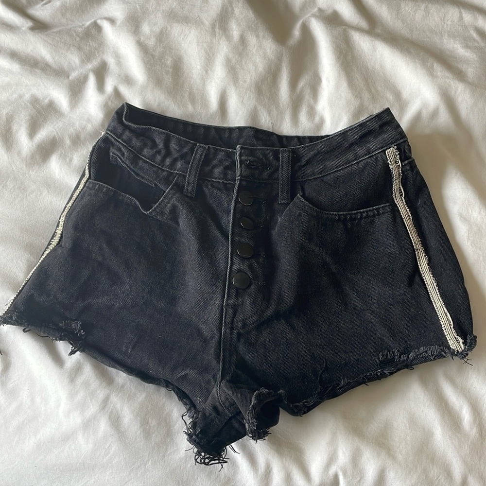 XS black, 5 buttoned women’s denim shorts with gold stripes